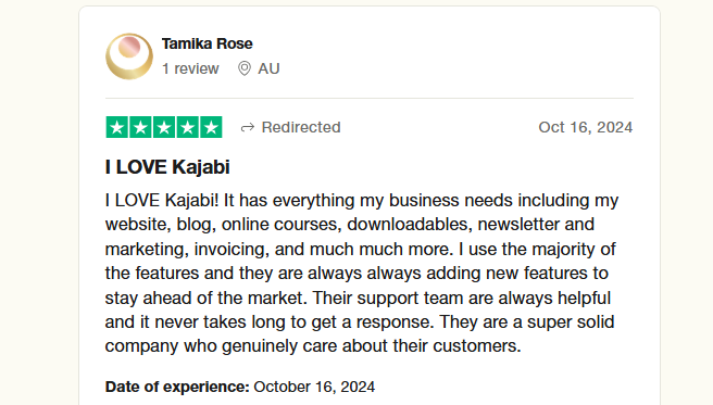 A 5 star review for Kajabi on Trustpilot